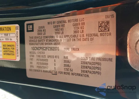 2015 Chevrolet Silverado 1500 Wt из США, поврежденный, VIN 1GCNCPEC2FZ362070